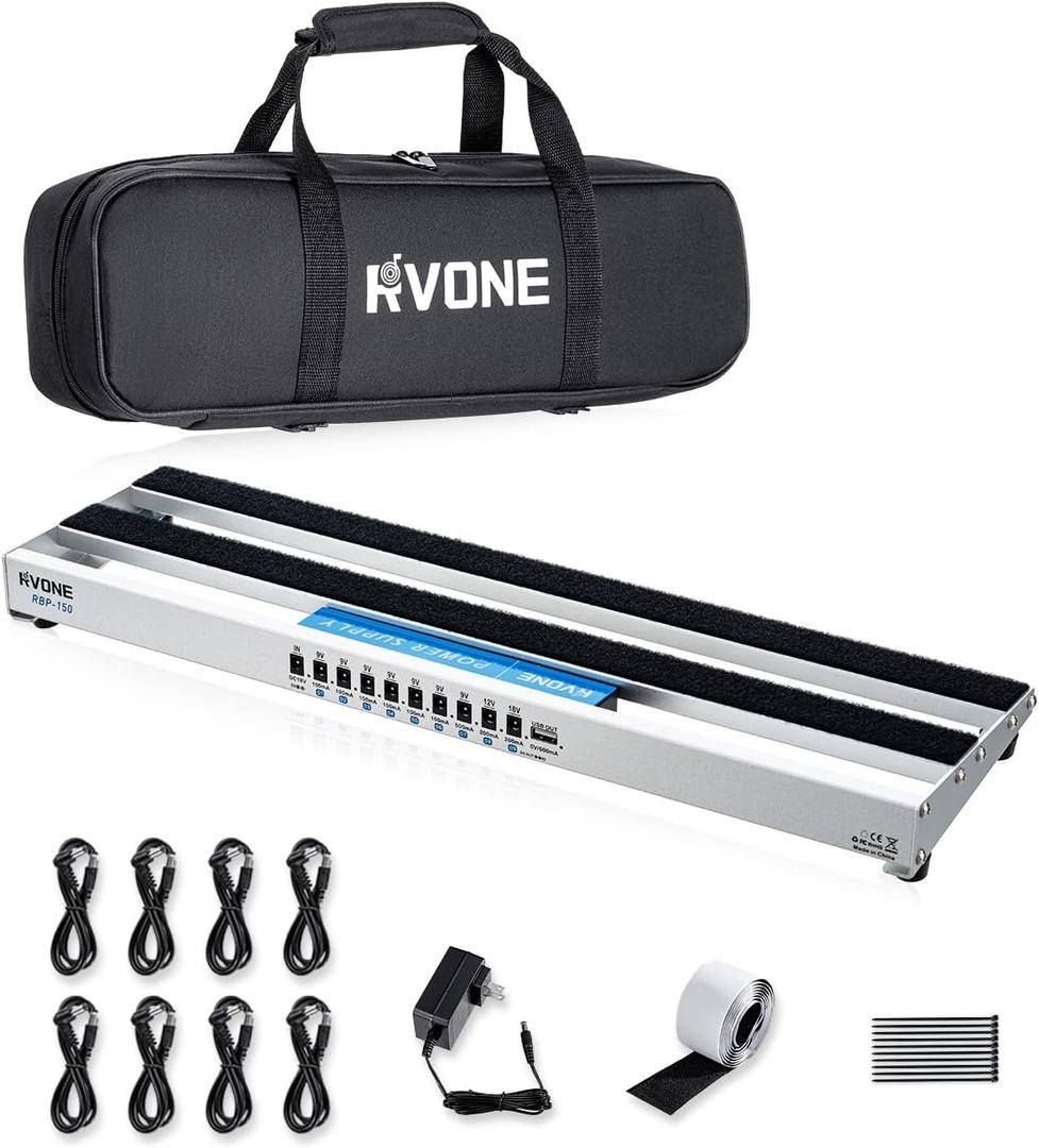 Guitar Pedal Board with Built-in Power Supply, Small 19.09x5.11" Aluminum Alloy Portable Pedalboard with Bag, Pedal Cables, Hook&Loop RBP-150