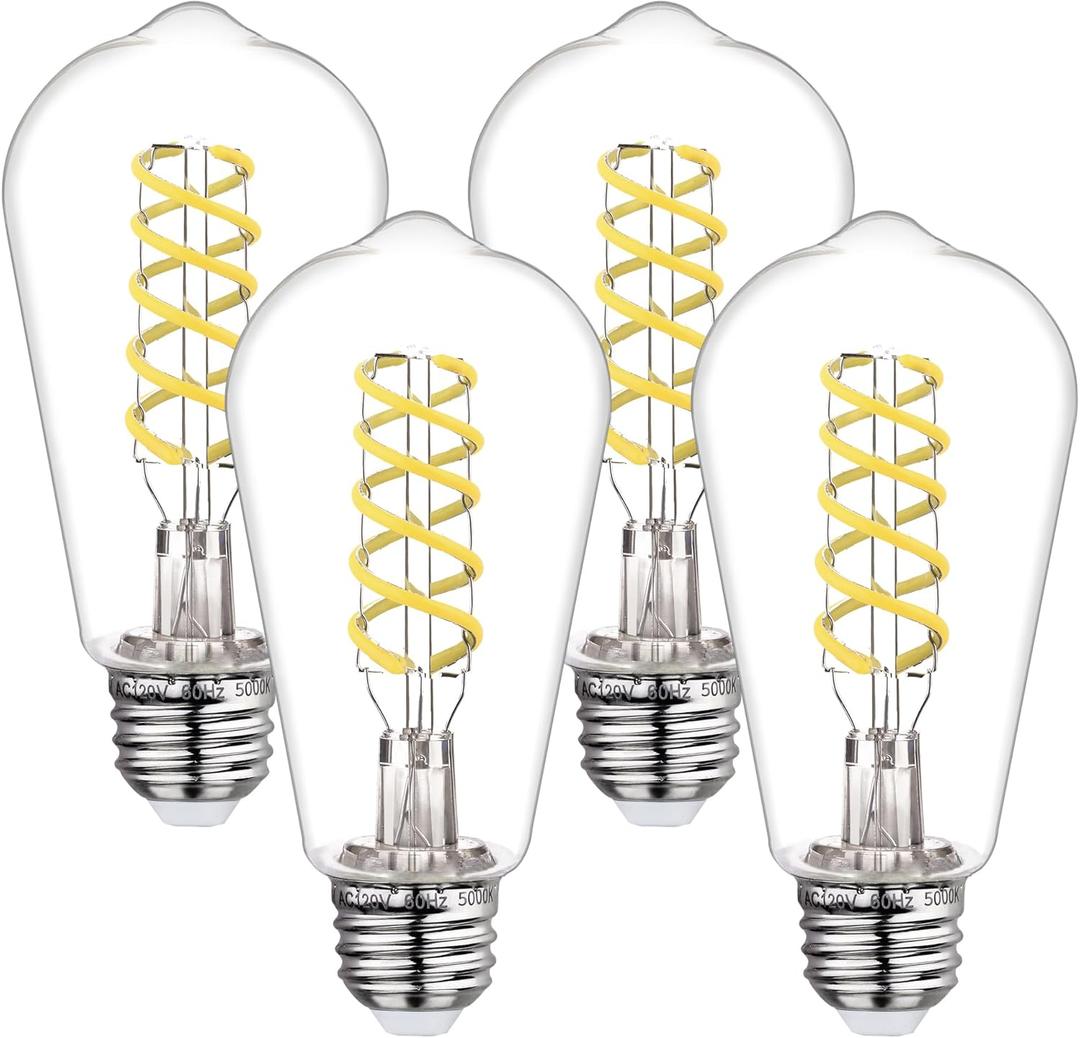 BORT 4Pack Dimmable LED Edison Bulbs,5000K Daylight White, 6W Equivalent to 60W Vintage Light Bulbs, Antique Flexible Spiral LED Filament Decorative Light Bulbs