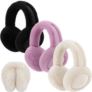Ramede 3 Pcs Women Winter Ear Muffs Faux Fur Earmuffs Fuzzy Foldable Fluffy Ear Warmers for Winter Outdoor Cold Weather (Black, White, Pink)