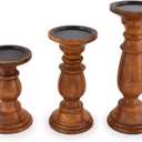 EDHAS Natural Round Turned Candle Holders for Pillar Candles Set of 3 Vintage Style Mango Wood Candle Holder for Centerpiece for Dining, Living Room