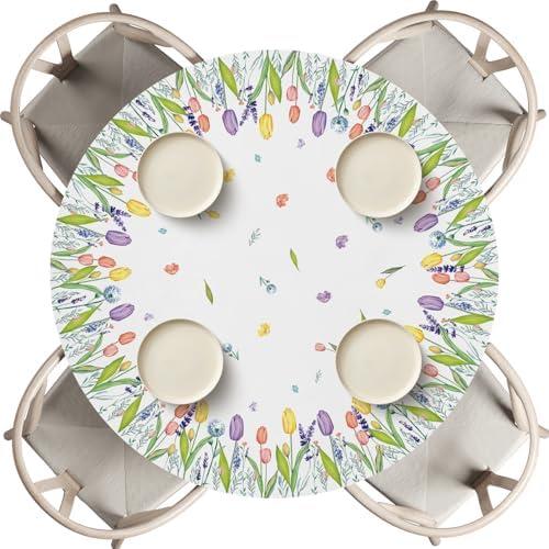 Horaldaily Spring Fitted Tablecloth 60 Inch Round, Spring Tulips Floral Butterfly Washable Table Cover Elastic Edged for Dinning, Picnic, Camping, Banquet