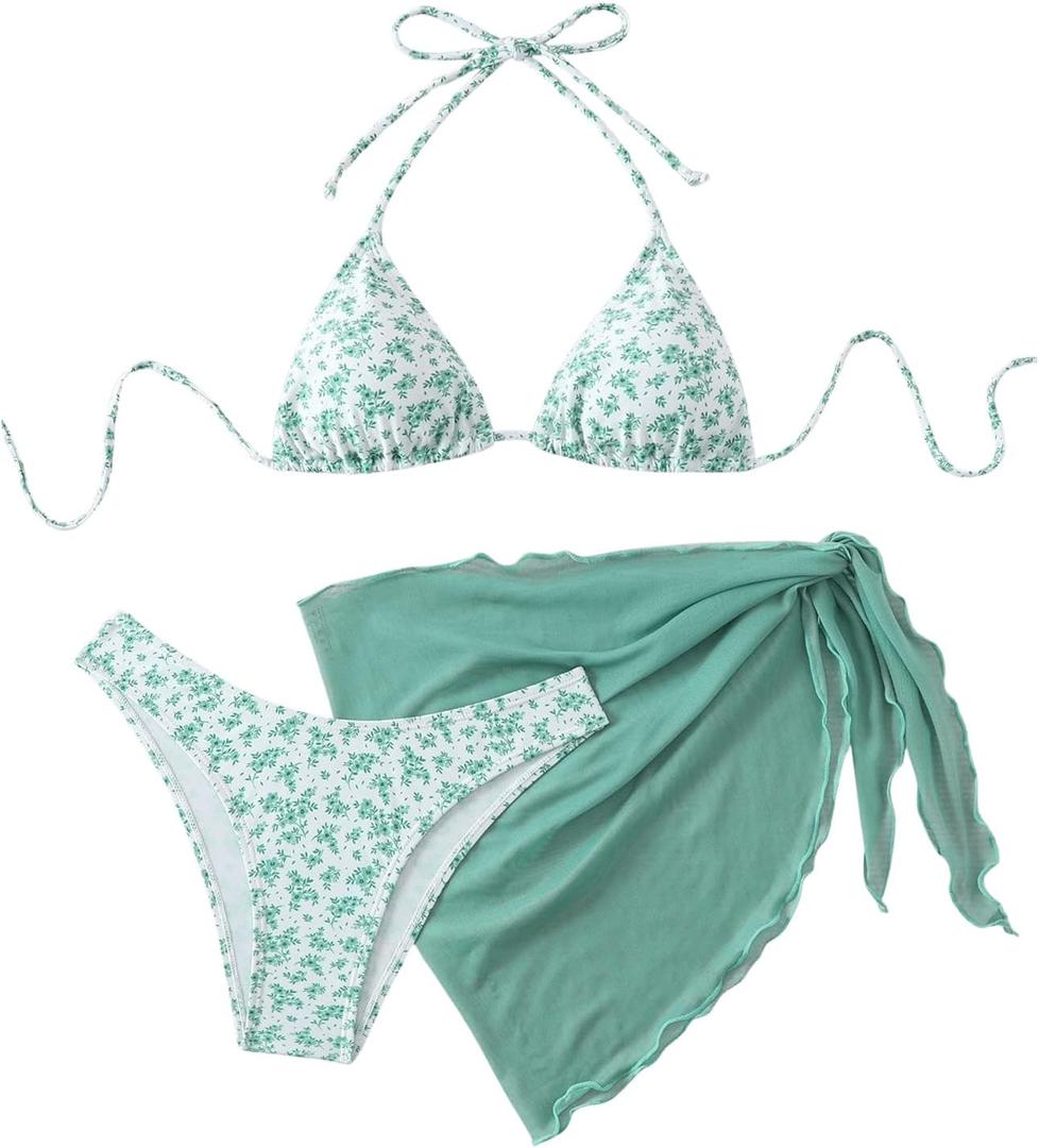 SHENHE Women's 3 Piece Floral Bikini Set with Wrap Coverup Halter Triangle Swimsuits (X-Large)