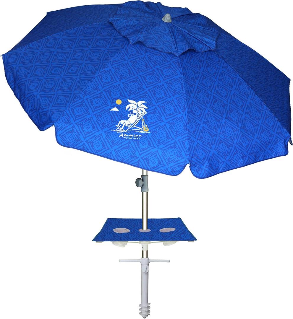 AMMSUN Beach Umbrella With Sand Anchor & Table Tray, 6.5ft Portable Heavy Duty Sun Outdoor Umbrella, UV 50+ Protection, Carry Bag for Patio, Pool and Garden, Blue (Table Tray-Blue Paint)
