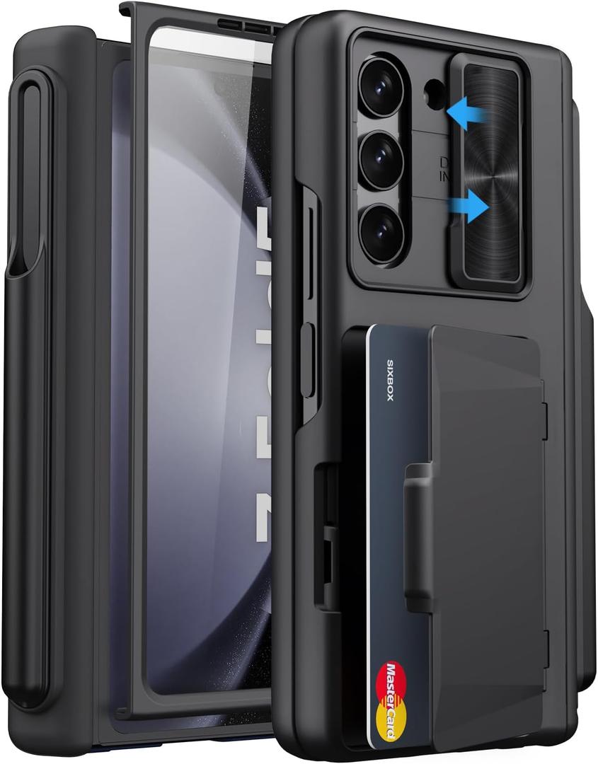 for Samsung Galaxy Z Fold 5 Case with Card Holder & S Pen Holder & Slide Lens Cover, Built-in Hinge Protection & Screen Protector, Durable Sturdy Phone Cover Case for Galaxy Z Fold 5, Black