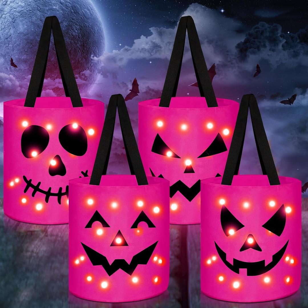 Yaomiao 4 Pcs Halloween Trick or Treat Bucket for Kids Light up Pumpkin Candy Bags LED Halloween Treating Baskets Reusable Goodie Gift Tote Bag for Party Favor Supplies(Pink)