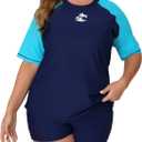 Women Plus Size Short Sleeve Rash Guard Sets with Built in Bra UPF50+ Swim Shirt and Shorts Two Piece Swimsuit (3X, Navy/Turquoise)