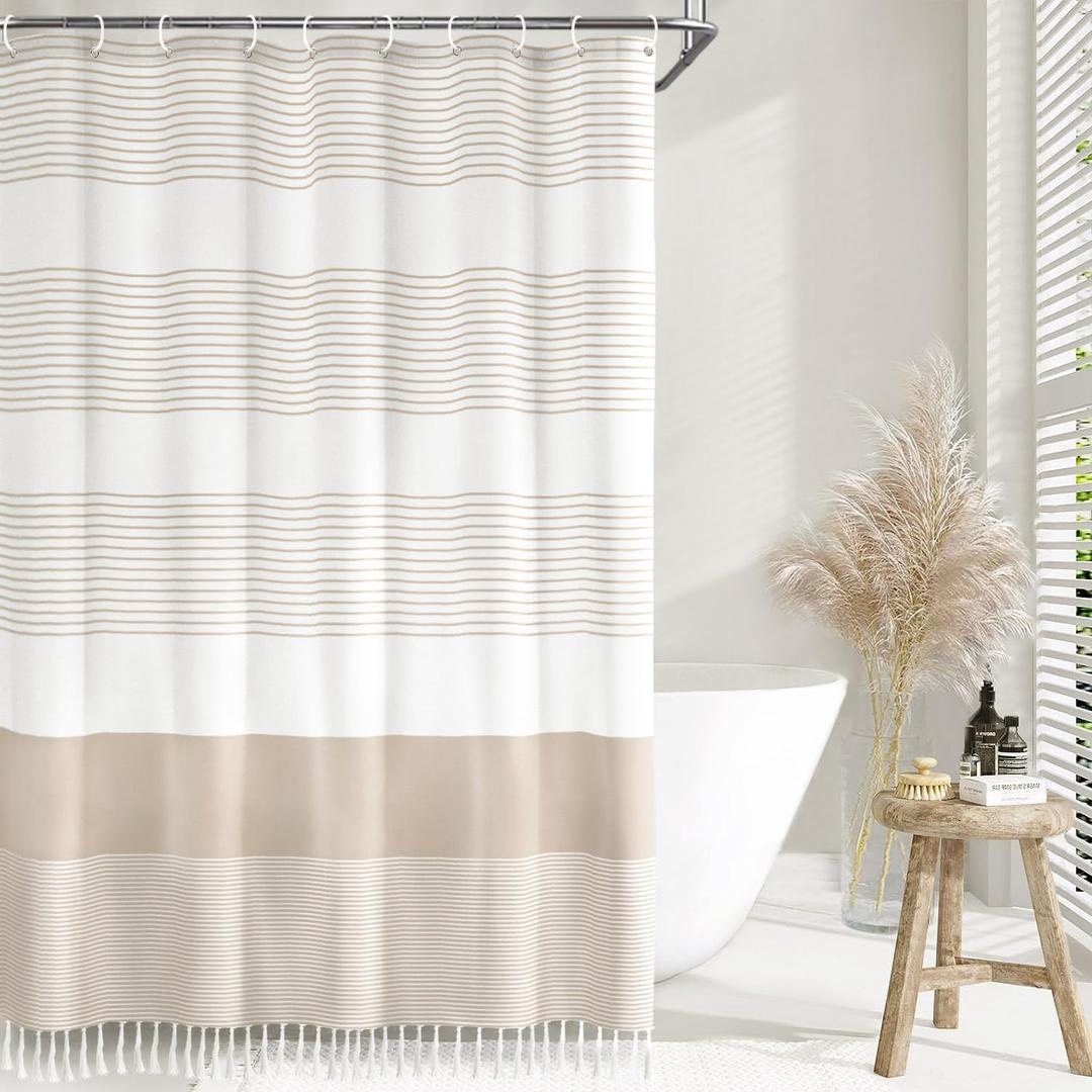 Awellife Boho Beige Shower Curtain for Bathroom Stall Cotton Stripe Tassel Shower Curtain 36 X 72 Inches Natural Texture