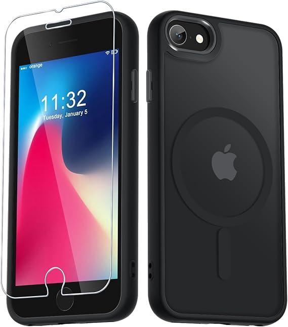 YENAPOON for iPhone SE Case 2022(3rd)/2020(2nd), iPhone 8/7 Case, with 1 Screen Protector, Matte Magnetic Slim Phone Cover, Support for Magsafe, Shockproof Protection Translucent Frosted Back, Black