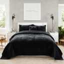 Quilt Set Oversized King Size 120x128 Luxurious Velvet Bedding Sets with 2 Pillow Shams 20x36 3 Pieces Ultra Soft Quilted Bedspread Coverlet Comforter for All Season,Black