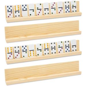 Juvale Dominoes Holders Set of 4 Wooden Trays - 13-Inch, Natural Wood - Customizable Unfinished Racks for Mexican Train Accessories