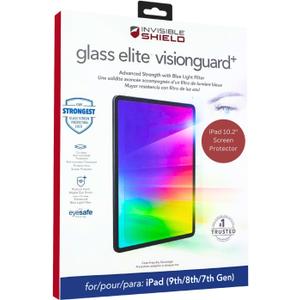 ZAGG InvisibleShield Glass Elite VisionGuard+ iPad 10.2 Inch Screen Protector 9th Generation (Fits 8th/7th Gen) - 4X Stronger Scratch Protection, Blue-Light Filter, Anti-Fingerprint, Easy to Install