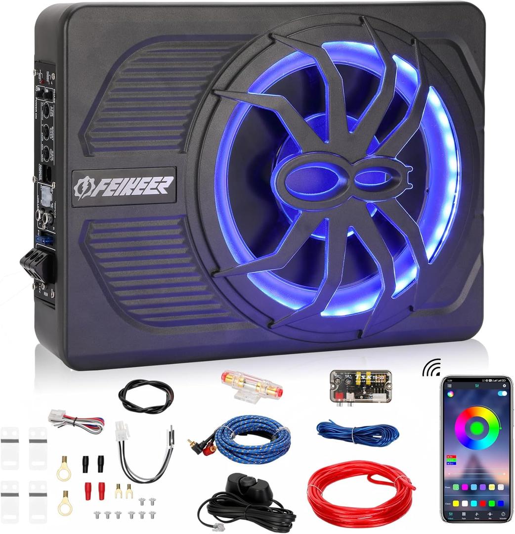 10" 800W Under Seat Car Subwoofer, Blue-Tooth Subwoofers for Cars with Multicolored LED Ambient Light, Portable Audio Save Cars Interior Space and Easy to Install On Your Every Car Or Truck.