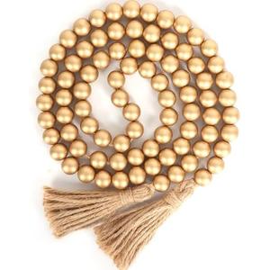 58in Wood Bead Garland with Tassels, Farmhouse Rustic Country Decor Prayer Boho Wall Hanging Decoration (Gold)