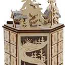 MorTime LED Revolving Music Box Advent Calendar Decorated with Christmas Tree Reindeer House LED Lights, Lighted Wooden Carved 24 Day Countdown to Christmas Calendar, 24 Storage Drawers