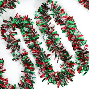 50 Feet Green Red Christmas Metallic Tinsel Twist Hanging Garland with Snowflake for Home Mantle Xmas Tree Staircase Railing New Year Holiday Party Indoor Outdoor Decorations2 Pcs
