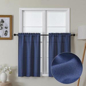 Lecloud Bessie Blue Kitchen Curtains 36 Inch Length 2 Panels, Faux Linen Textured Curtains for Bedroom Small Windows, Burlap Window Short Curtain Tiers for Boy's Room, Each 30 W x 36 L