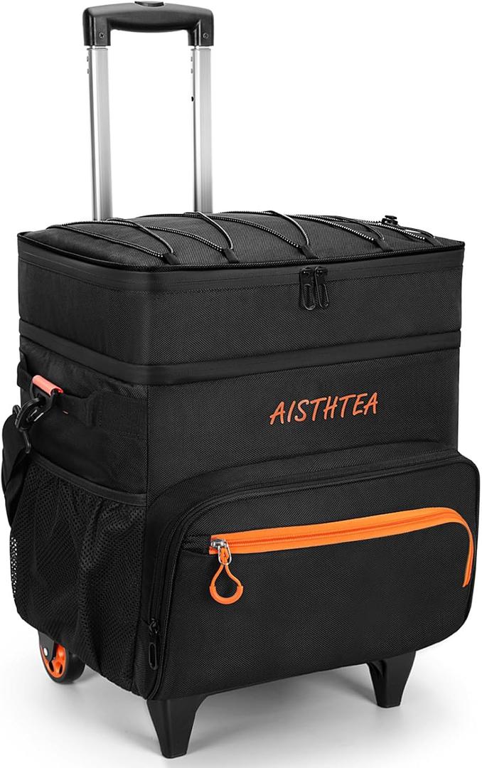 Rolling Cooler with Wheels and  Handle, + Can Leakproof Soft Sided Travel Cooler, Double Deck & Enhanced Stability Wheeled Cooler, Insulated Cool Bag for Camping,Grocery,Beach,Outdoor