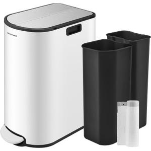 SONGMICS 13-Gallon Dual Kitchen Trash Can, 5.3 and 8 Gallon Compartments, Garbage Can with Wing Lids, Stainless Steel, Soft Close, Inner Buckets, Cloud White and Metallic Silver ULTB570W50