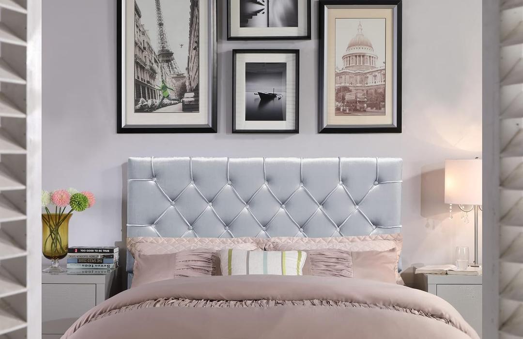Iconic Home Rivka Headboard Velvet Upholstered Diamond Button Tufted Modern Transitional, Twin, Silver