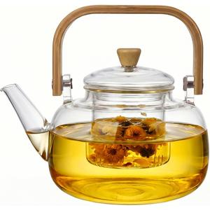 1500ml (50.72oz) Borosilicate Glass Teapot with Wooden Handle, Stovetop Safe Large Tea Kettle with Removable Glass Infuser for Blooming Tea & Loose Leaf Tea