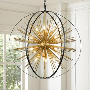 16 Lights Black Gold Sputnik Chandelier Large 31" Modern Industrial Hanging Ceiling Firework Globe Pendant Lighting Fixture for Dining Living Room Foyer Stairway Kitchen Bedroom, D31"