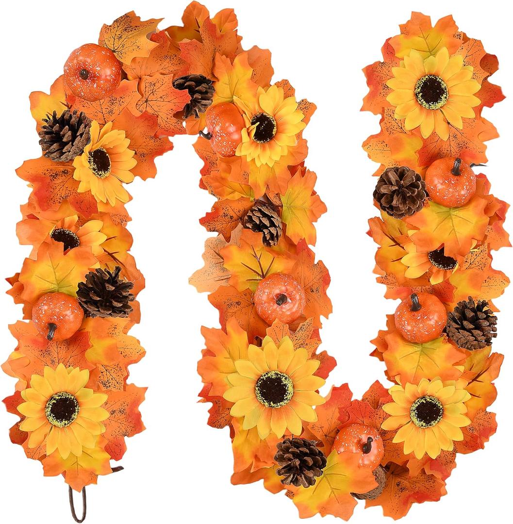 Palonu 6Ft Thanksgiving Artificial Fall Maple Leaves Garland, Hanging Fake Pumpkin Sunflowers Pine Cone with Berries Vine for Thanlsgiving Halloween Fireplace Doorway Indoor Outdoor Party Home Decor (Dark Orange)