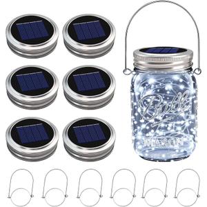 VOOKRY 6 Pack Solar Mason Jar Lights, 30 LED Mason Jar Lids Waterproof Firefly Fairy String Lights with 6 Hangers(No Jars), for Outdoor Patio Garden Yard Lawn Party Wedding Decoration - Cool White