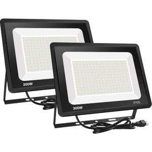 2 Pack 300W LED Flood Light Outdoor (1600W Equivalent), 36000LM Ultra Bright Security Lights, IP66 Waterproof Exterior Plug in Floodlight, 6000K Daylight White for Lawn Yard Garden Stadium
