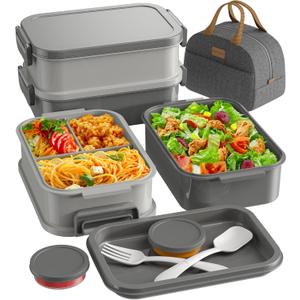 Adults Bento Lunch Box Set with Thermo Bag, 74oz Stackable Leak-proof 3-tiers Bento Box, Built-in Utensil and Sauce Container for Work, School, Dining Out (Gray) (Misty Grey)