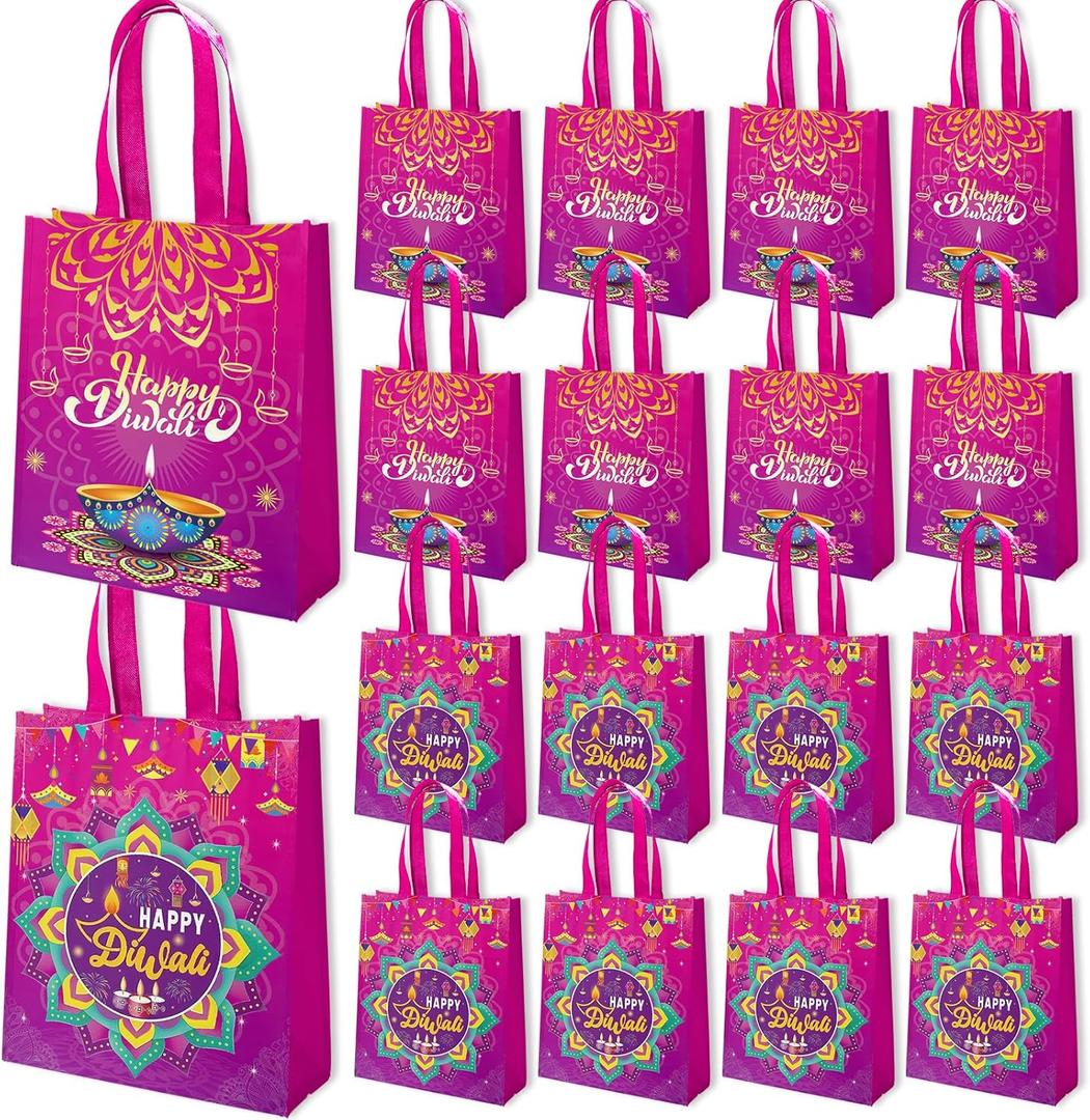 VDESFUEBY 20Pcs Diwali Gift Bags Happy Diwali Non-woven Gift Bags, Diwali Theme Party Gift Bag with Handle Treat Bags for Indian Light Festival Party Decorations Favors