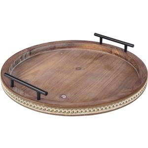 Coffee Table Tray, Wooden Tray with Handles, Beaded Round Decorative Trays for Home Decor Kitchen Counter Living Dinning Room Countertop Display (Brown)