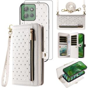 Phone Case for Motorola Moto G Power 5G 2025 Zipper Wallet Detachable Magnetic Cell Cover with Tempered Glass Screen Protector Crossbody Lanyard Strap Bling Credit Card Holder XT2515-1 Women White