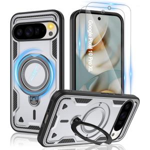 Gritup fro Google Pixel 10 Pro XL Case | Military-Grade Magnetic Protective Cover Compatible with Mag-Safe, 2-Pack HD Screen Protectors, Rotating Kickstand & Anti-Fingerprint Design,Gray