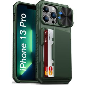 Vihibii for iPhone 13 Pro Wallet Case with Card Holder (4 Cards), [RFID Blocking] & Slide Camera Cover & Raised Edges Protect Screen, Shockproof Rugged Phone Cover for iPhone 13 Pro, 6.1", Green