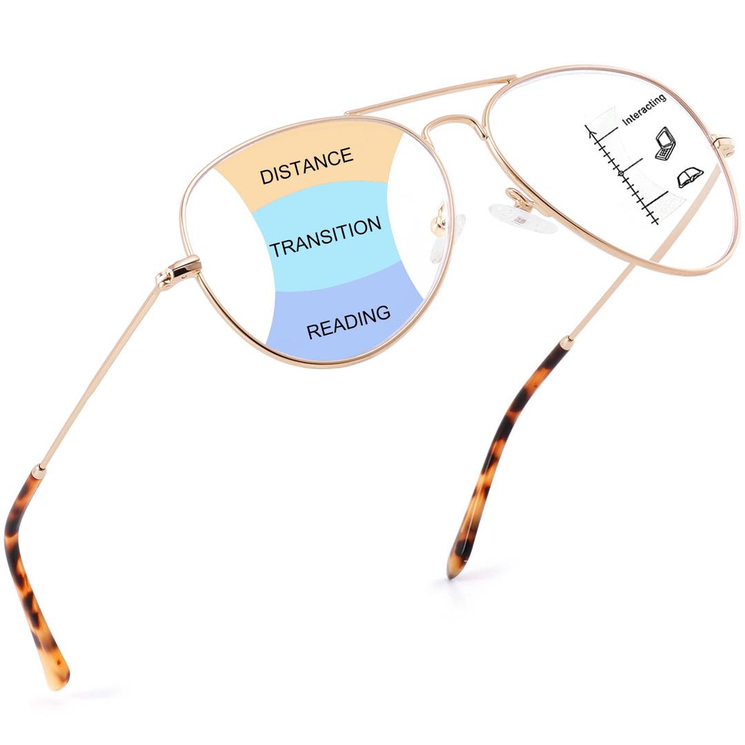 MAYSUNGLASS Oversized Aviator Progressive Multifocal Reading Glasses Women Men +2.5 - Blue Light Lenses, Metal Frame,UV400 - Eyeglasses with Clear Vision