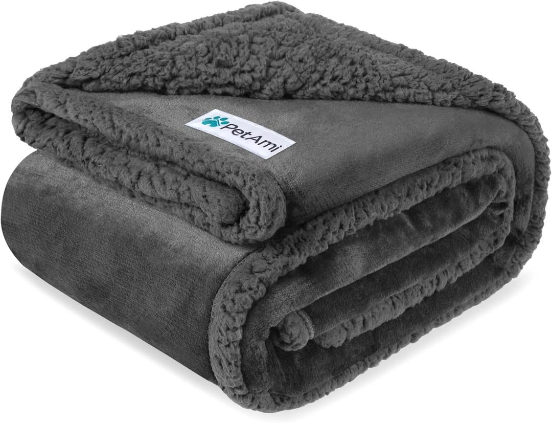 PetAmi Waterproof Dog Blanket for Couch, Large 60x40, Pee Proof Sherpa Fleece Reversible Pet Throw, Furniture Protector for Bed Sofa Kennel, Soft Washable Cover for Medium Dogs Cats, Grey Sherpa