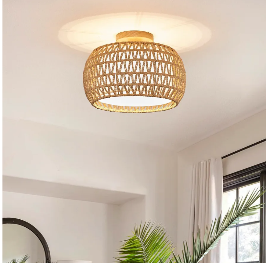 BUXVRCS Rattan Ceiling Light Fixtures,Hand-Woven Boho Flush Mount Light,Handmade Fixtures with Fabric Shade,Farmhouse Fixture for Bedroom Hallway Entryway (Yellow)