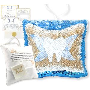 Tooth Fairy Pillow Kit for Girls and Boys - Tooth Fairy Evidence Kit with Tooth Fairy Bag - Multi Color Reversible Sequin and Large Pocket - Tooth Pillow with Letter & 2 Customizable Certificates (Blue)