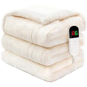 PTQ Heated Electric Blanket Twin 62"×84", Plush Fast Heating Faux Rabbit Fur Blanket with 8 Heating Levels Auto Shut Off, for Bed & Couch Super Cozy Fuzzy,Fluffy Winter Warming Beige