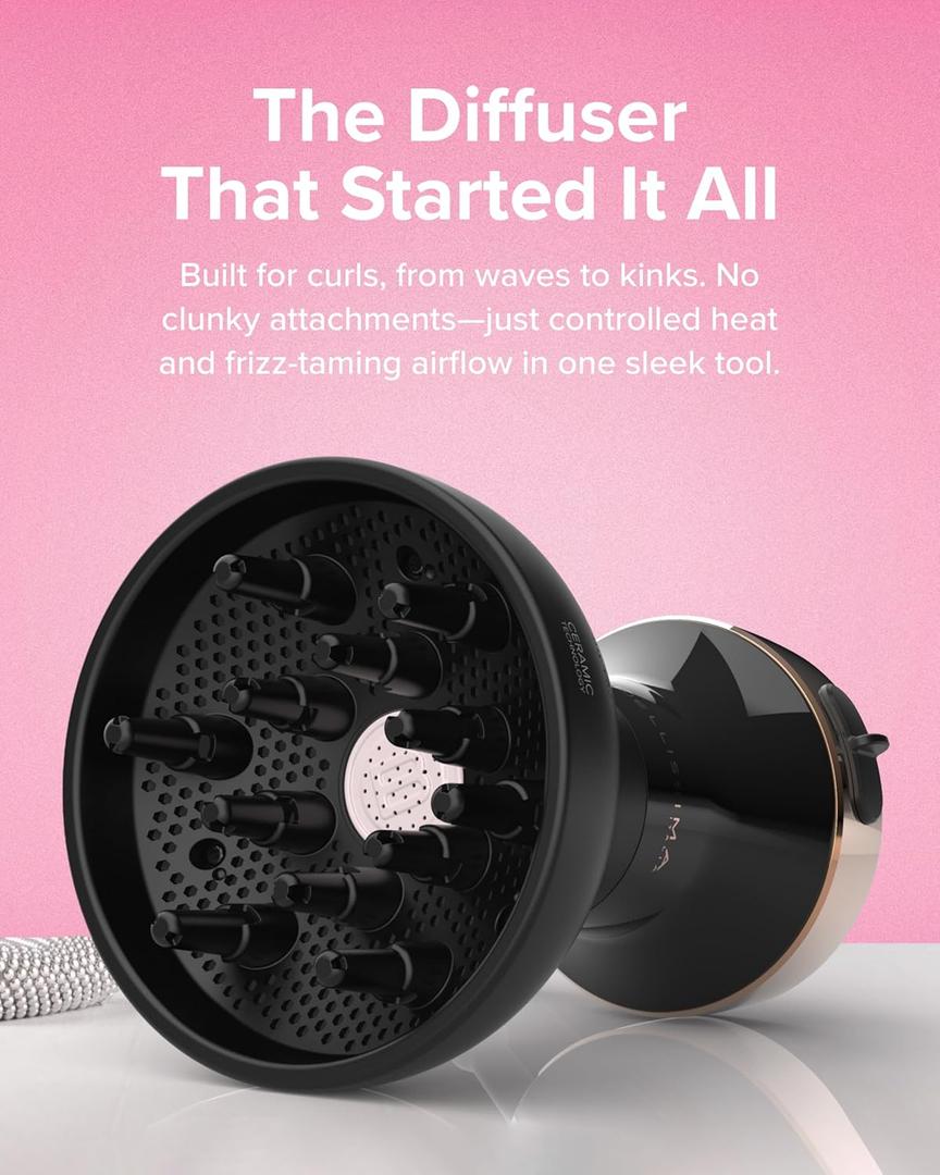 Bellissima Diffon Ceramic Diffuser Hair Dryer for Curly Hair - 2-in-1 Blow Dryer with Diffuser - Reduces Frizz, Defines Curls, Volumizes - Lightweight, Compact, Easy Hold Handle