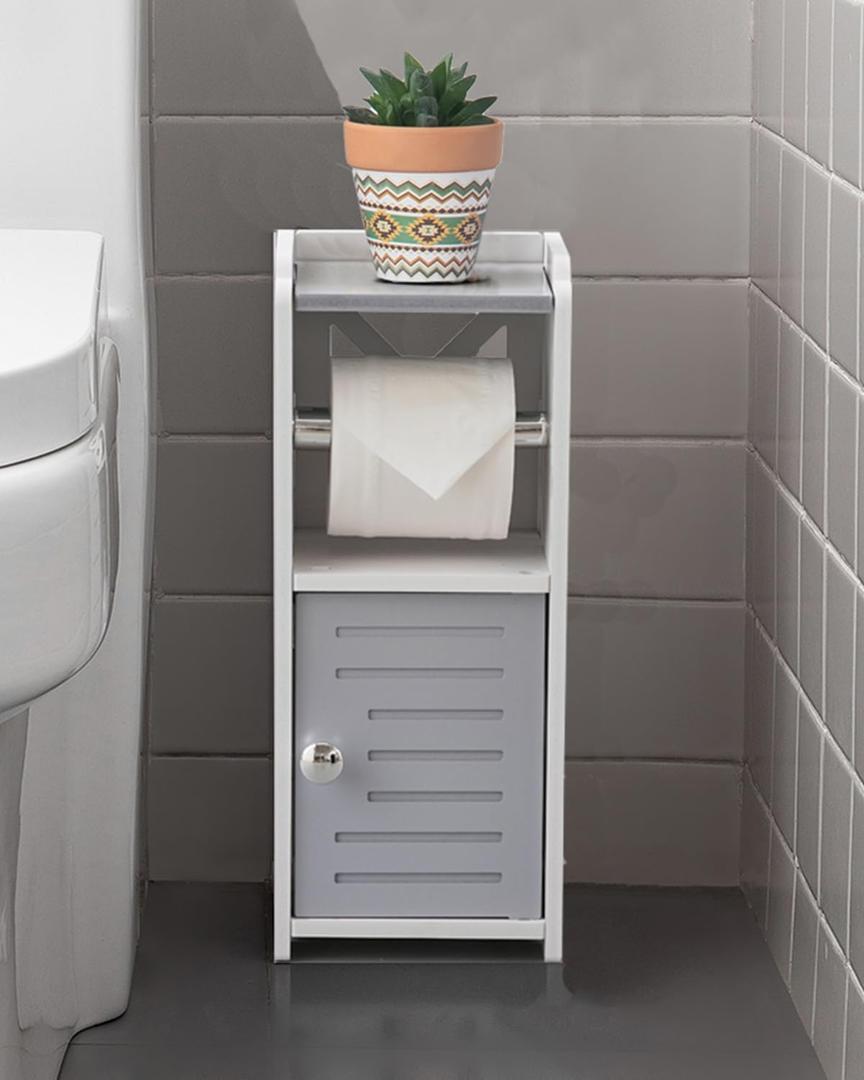 AOJEZOR Toilet Paper Holder Stand: PVC Bathroom Cabinet Storage for Apartment Dwellers - Bathroom Storage - Light Grey (15.4 inch H)