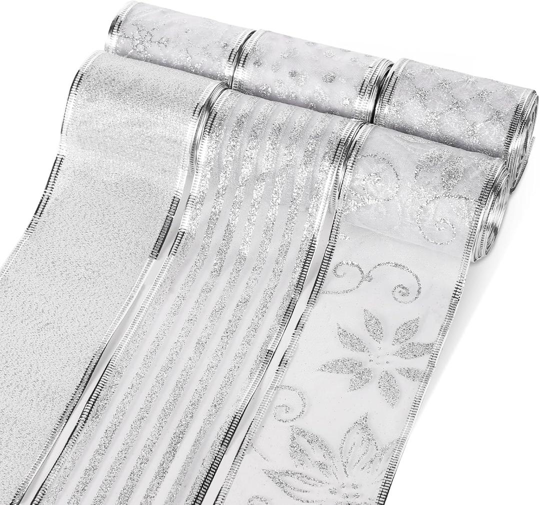 PEUTIER 6 Rolls Glitter Christmas Wired Ribbons, 2.5" Wide Silver Glitter Snowflake, Striped, Floral Pattern Christmas Tree Ribbons for Crafts, Wreaths, Gift Wrapping (36yd Total Length)