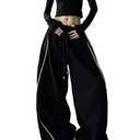Y2K Sweatpants Women Harajuku Streetwear Wide Leg Baggy Pants Fall Vintage Athletic Joggers Drawstring Trousers Black, M