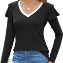 SENFURE Womens Ruffle Long Sleeve Tops Colorblock V-Neck Shirts Casual Slim Fitted Tee Blouse, L, Black