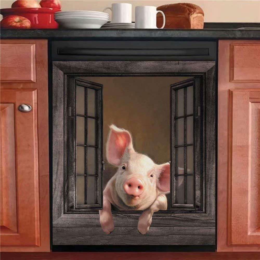 Magnetic Funny Pig Dishwasher Sticker Kitchen Cabinet Panels,Farm Window Refrigerator Door Cover Sheet,Animal Fridge Manget,Home Appliances Decor Decals 23" Wx17 H