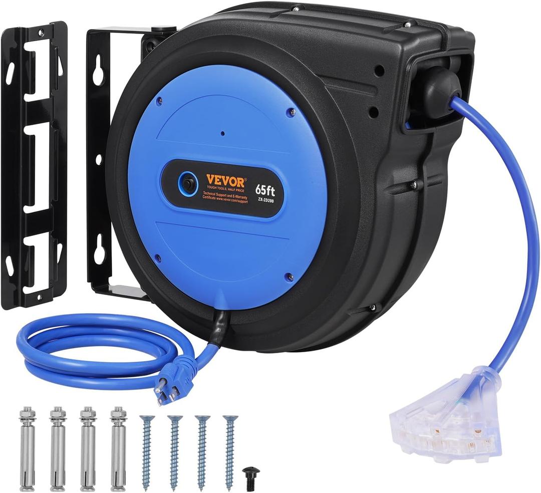VEVOR 65FT Retractable Extension Cord Reel, 12AWG/3C SJTOW Heavy Duty Power Cord w/Lighted Electrical Triple Tap Outlets, 15A Circuit Breaker,180 Swivel Bracket for Workshop or Garage, Blue