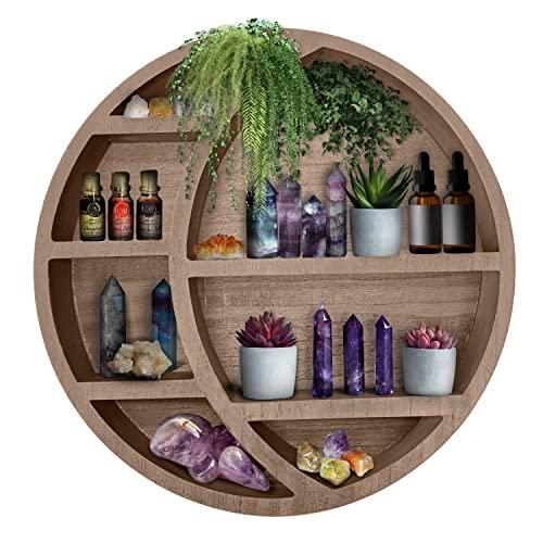 Nimpro Wooden Floating Moon Shelf Wall Decor - Decorative Boho Home Hanging Display Shelf for Bedroom, Dorm, Nursery - Easy Mount Storage for Crystals and Essential Oils - 14 x 14 x 3.5 (Light Brown)