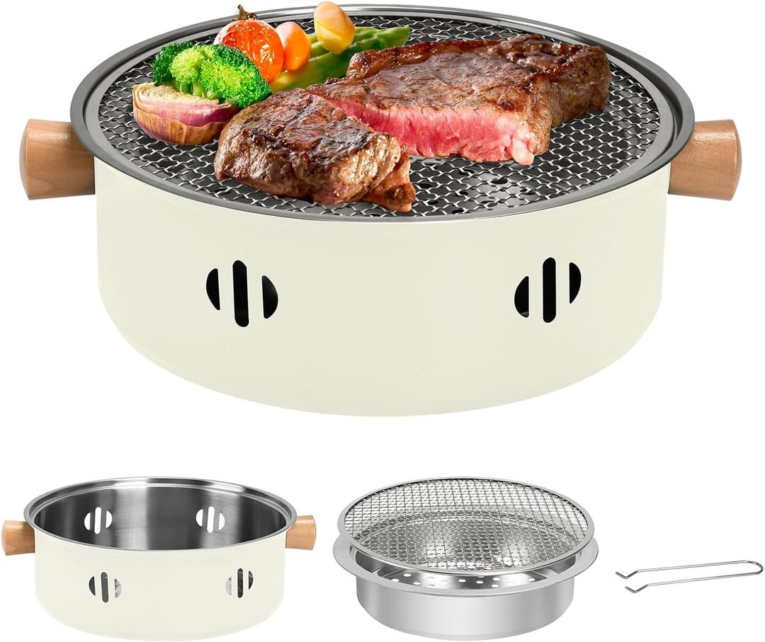 Portable Charcoal Barbecue Grill, 1pc Mini BBQ Grill Multifunctional Charcoal Grill Round Tabletop Charcoal Grill for Outdoor Cooking Home Party Picnic Camping (Beige)