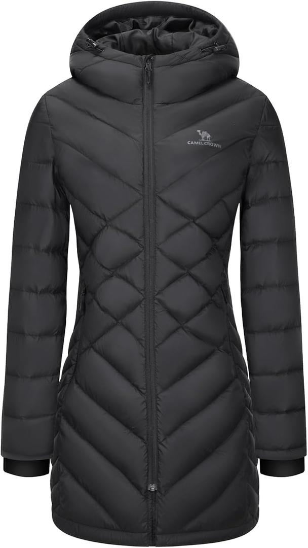 CAMELSPORTS Women's Down Jacket Hooded Windproof Puffer Coat Packable Warm Winter Jacket Lightweight Ladies Parka (Large, Black Long)