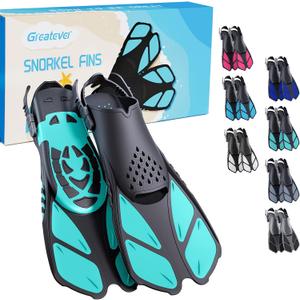 Greatever Snorkel Fins Adjustable Buckles Open Heel Swim Flippers Travel Size Short Swim Fins for Snorkeling Diving Swimming Adult Men Womens, Green, Kids JR  9-13